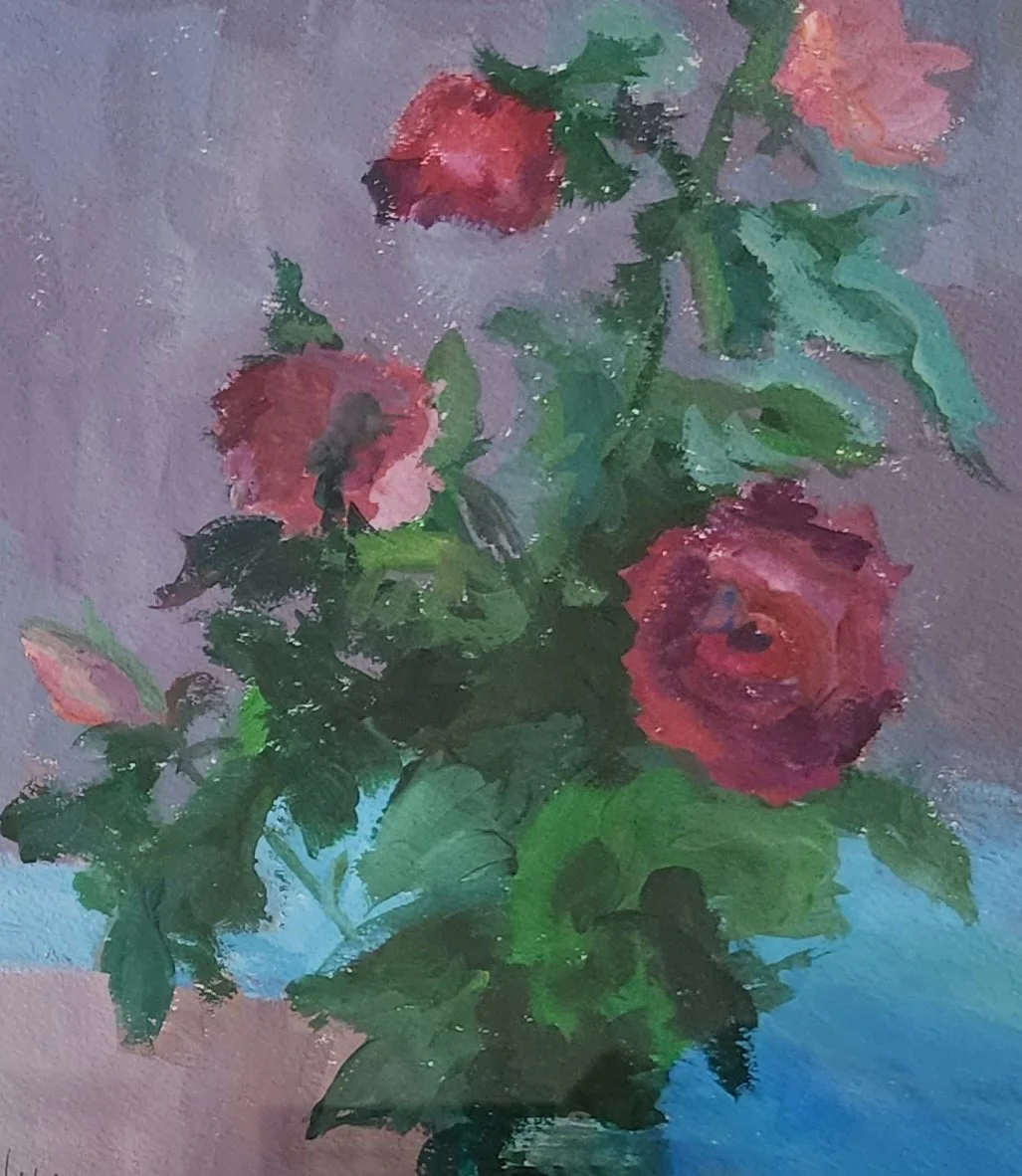 Garden Variety Nina Cobb Walker—Dark grey background with dark green foliage and burgandy and pink flowers