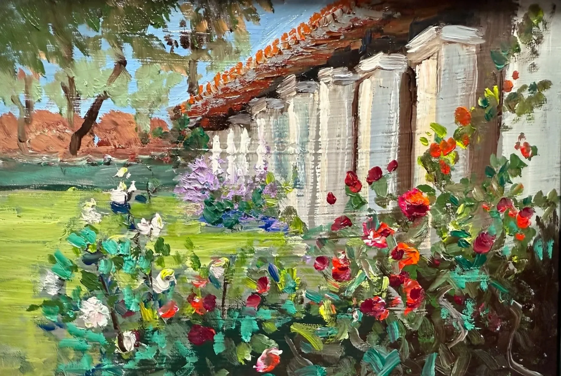 Impressionist style painting of a garden scene with trees, flowers, and a building with a red roof, using thick brushstrokes and vibrant colors.