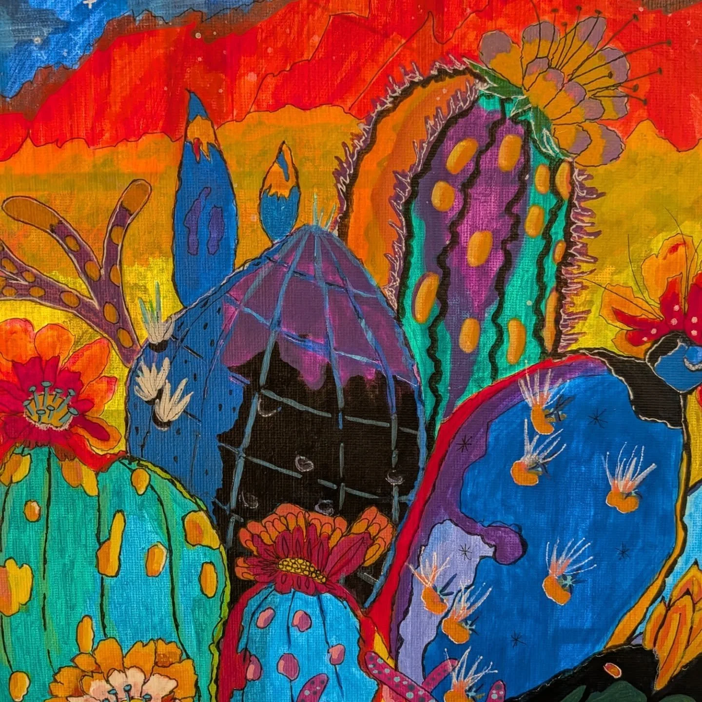 Vibrant painting featuring various colorful cacti and succulents with flowers, set against a multicolored background.