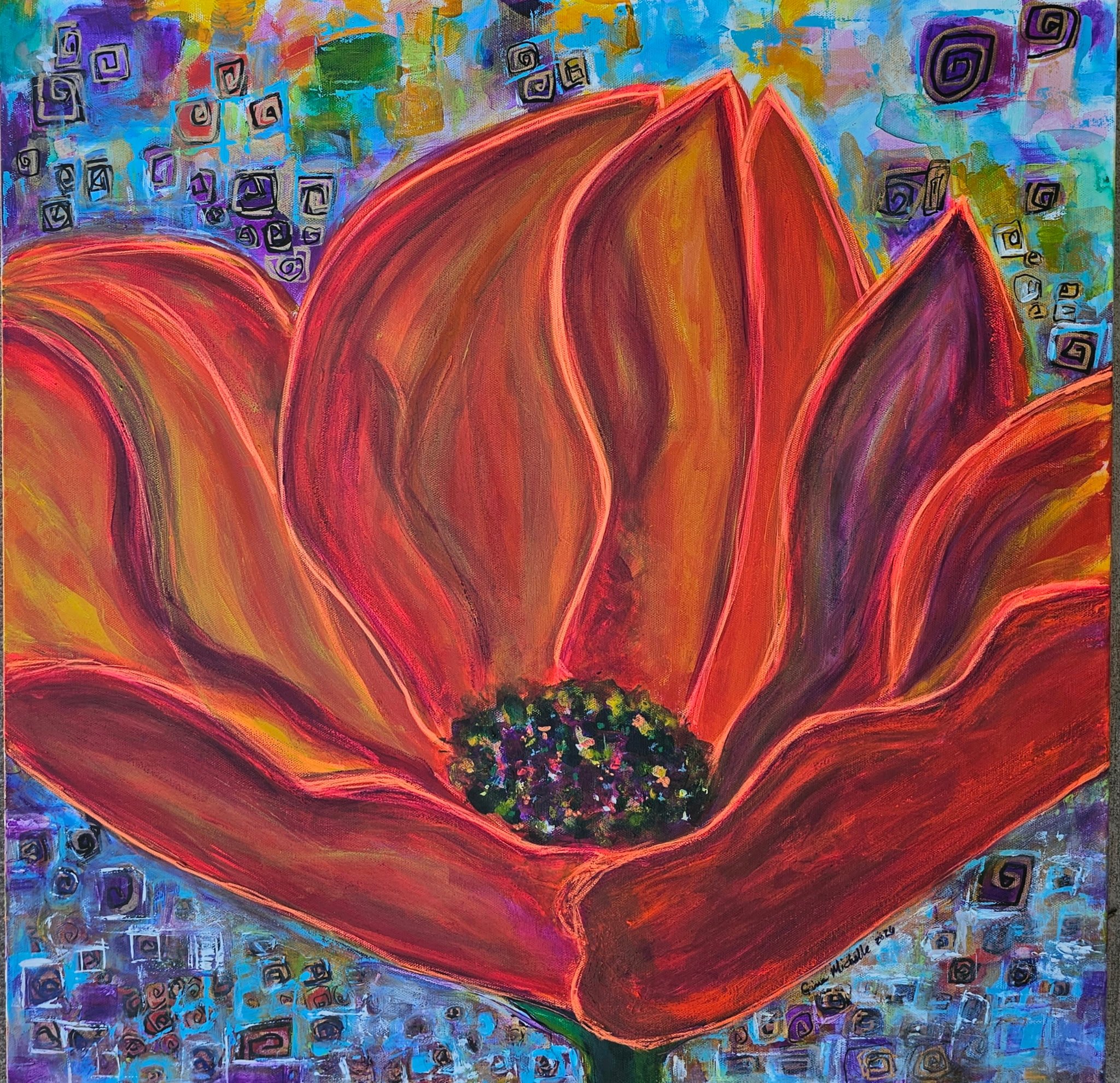 A colorful abstract painting featuring large red flower-like shapes with orange outlines on a vibrant, multi-colored background with various square and spiral patterns in purple, blue, green, and black.