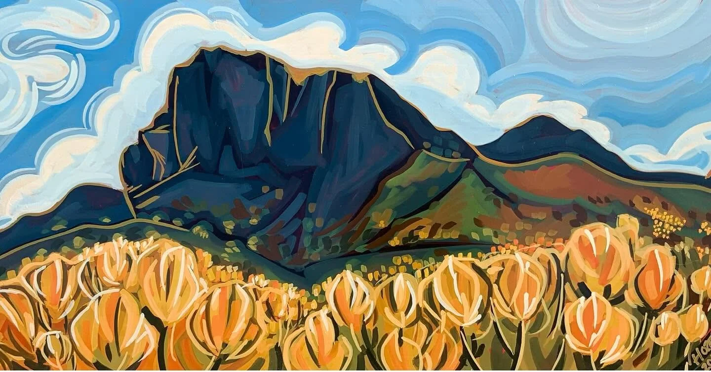 Bright orange tulips in the foreground with a mountain in the background under a partly cloudy sky, painted in an impressionistic style.
