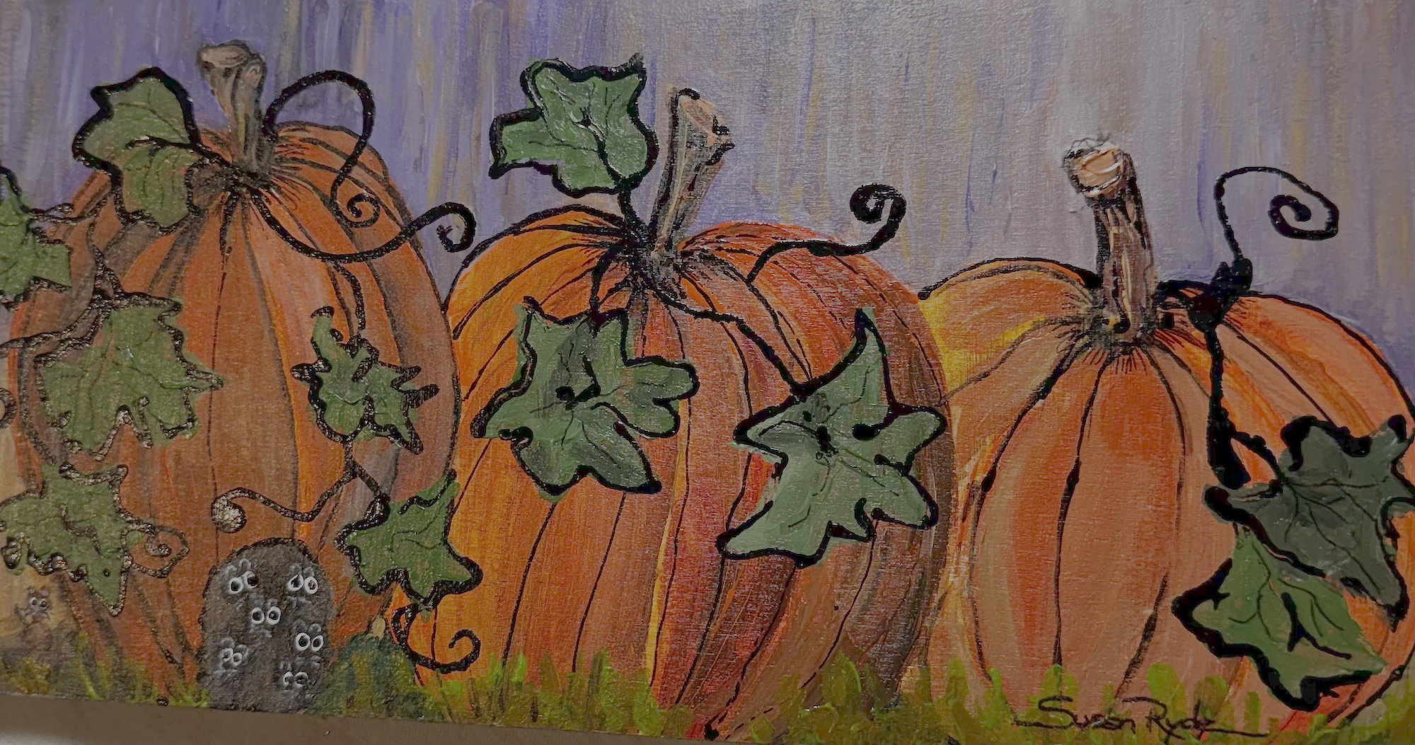 Colorful illustration of pumpkins with green leaves and vines on a purple background.