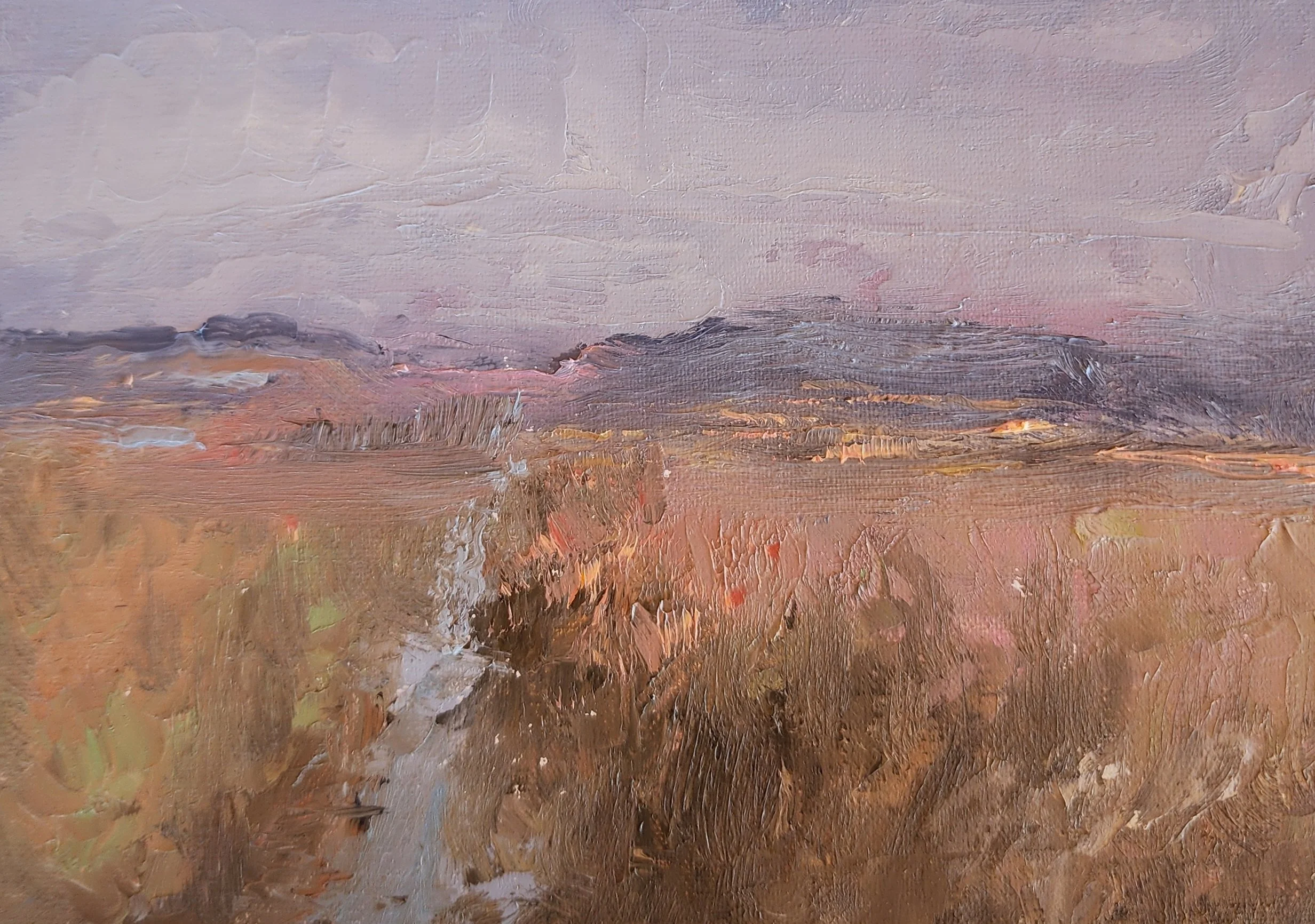 Bliss by Nina Cobb Walker—landscape oil painting with muted browns and tans in the forgrouns with pink and purple hills in the background and a light grey purple sky