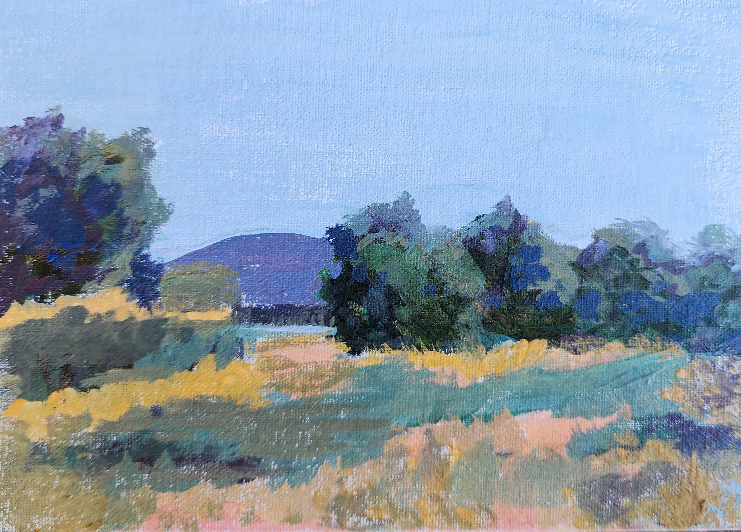 Tramples oil painting by Nina Cobb Walker—Landscape with moutains in background behind trees with pink, green and yellow foreground