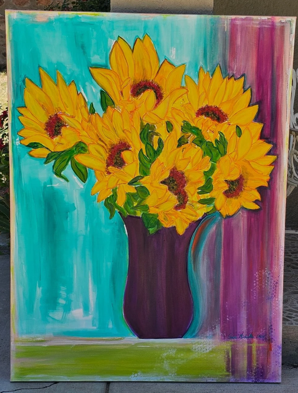 Bright acrylic painting of a bouquet of yellow sunflowers in a purple vase against a colorful background.
