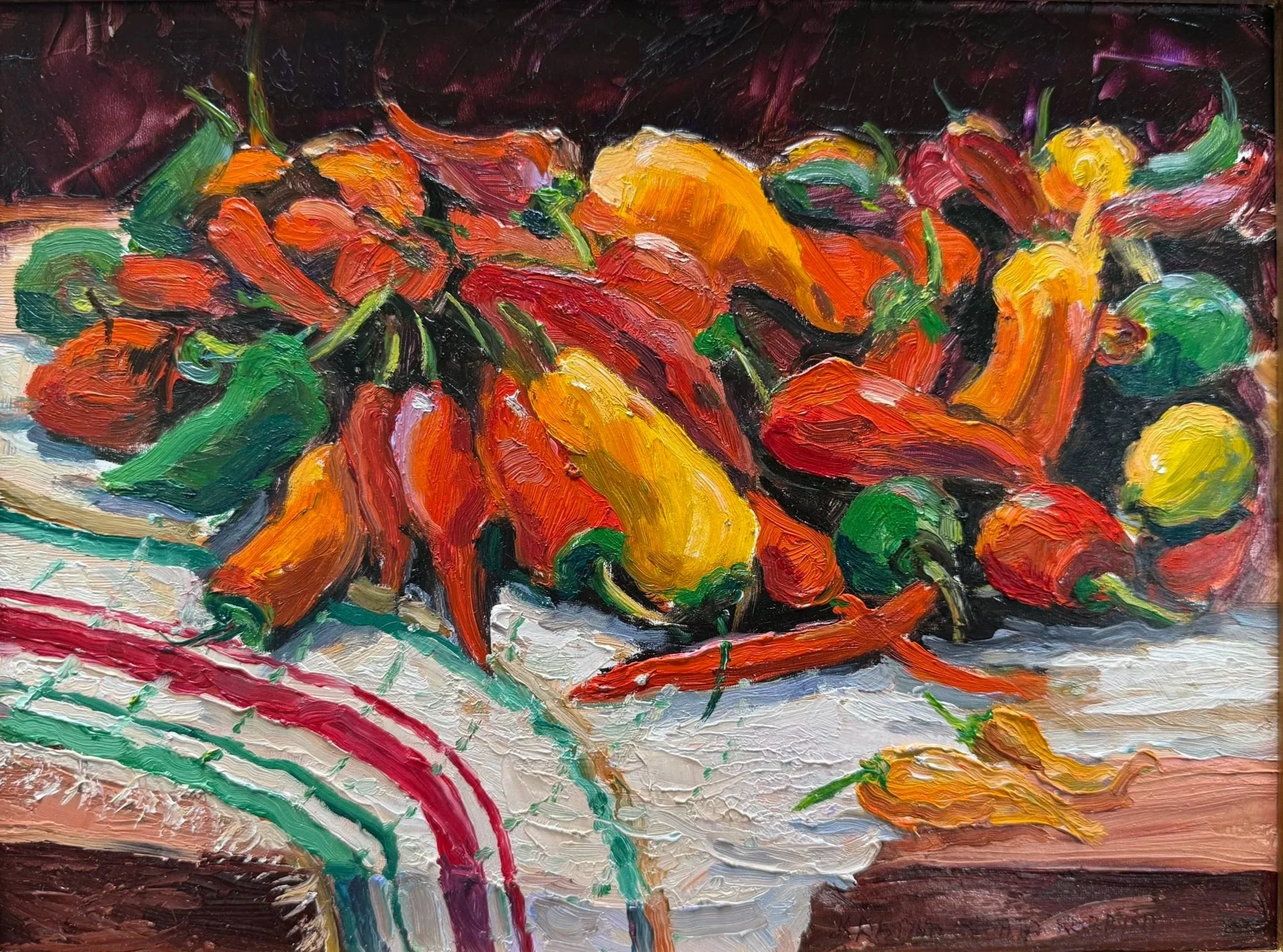 An abstract oil painting of colorful peppers in red, orange, yellow, green, and purple hues. The brushstrokes are bold and textured, creating a vibrant and dynamic composition.