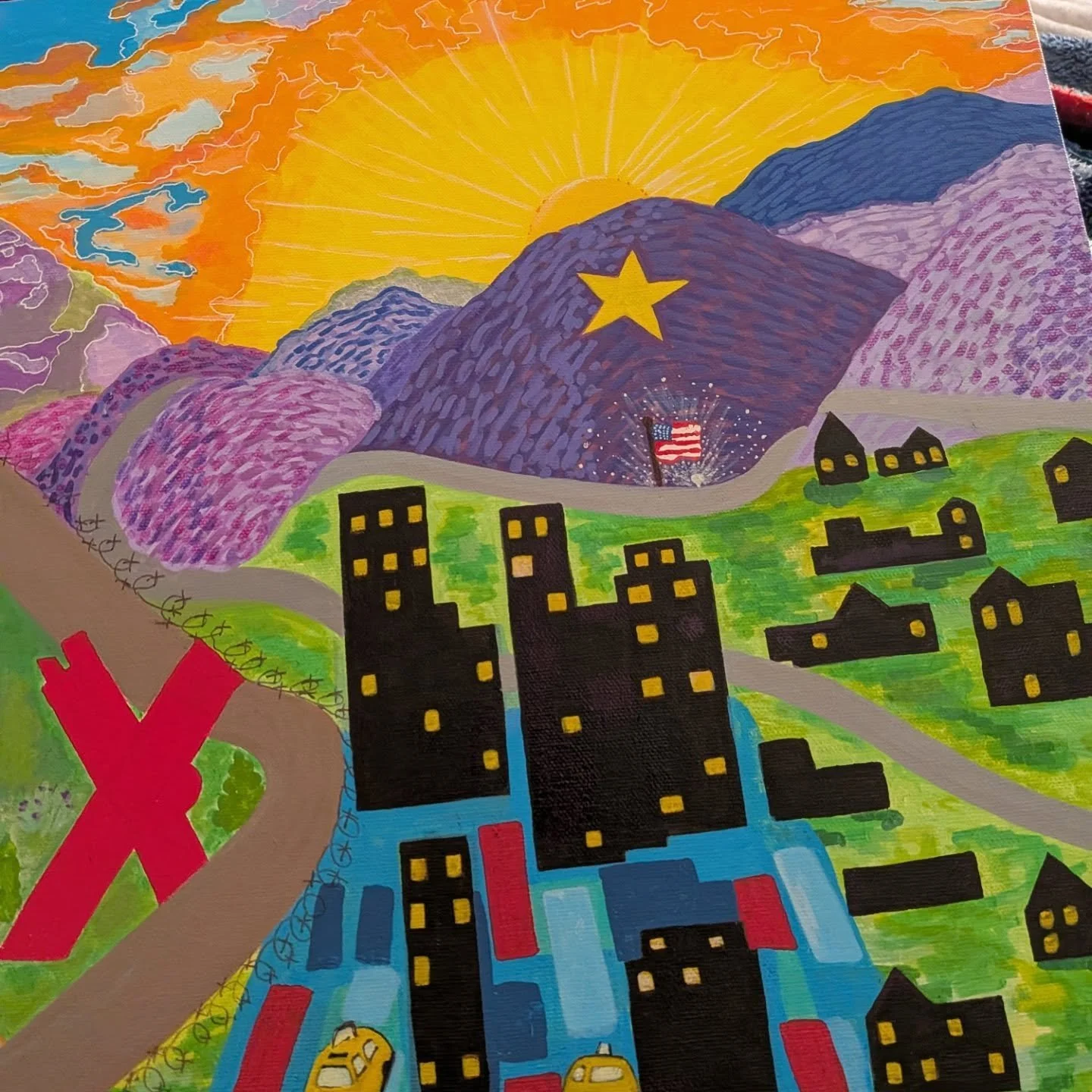 Colorful painting of a sunrise over mountains, with a cityscape and a road with cars in the foreground, a flag and fireworks in the distance.
