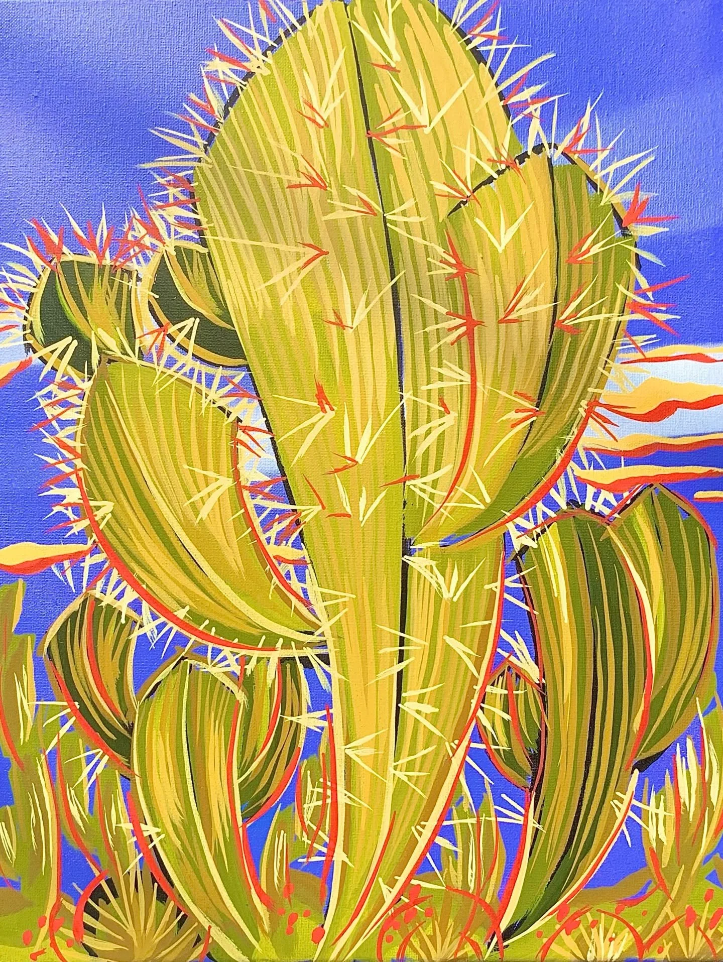 A vibrant painting of a cluster of green cacti with yellow and red spines against a blue background.