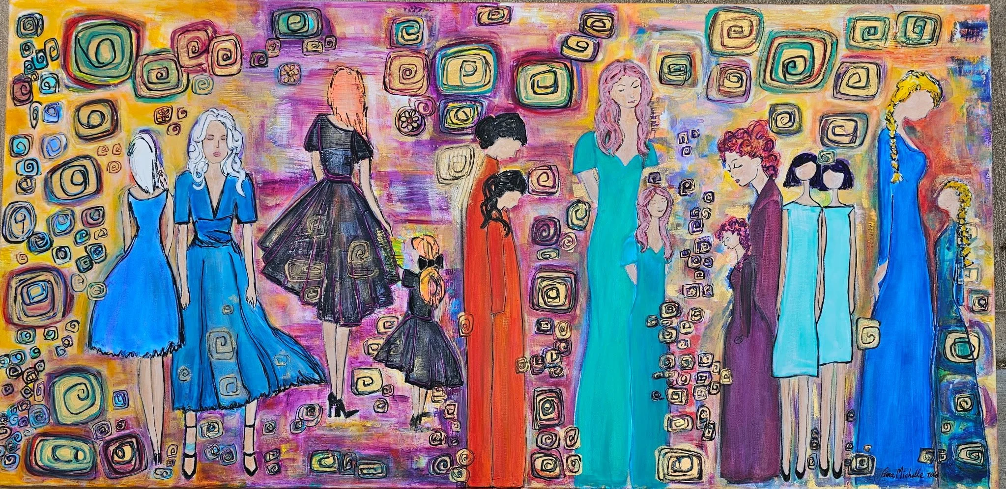 Colorful painting of various women and girls dressed in elegant clothes, standing against a vibrant, abstract background filled with swirling squares.
