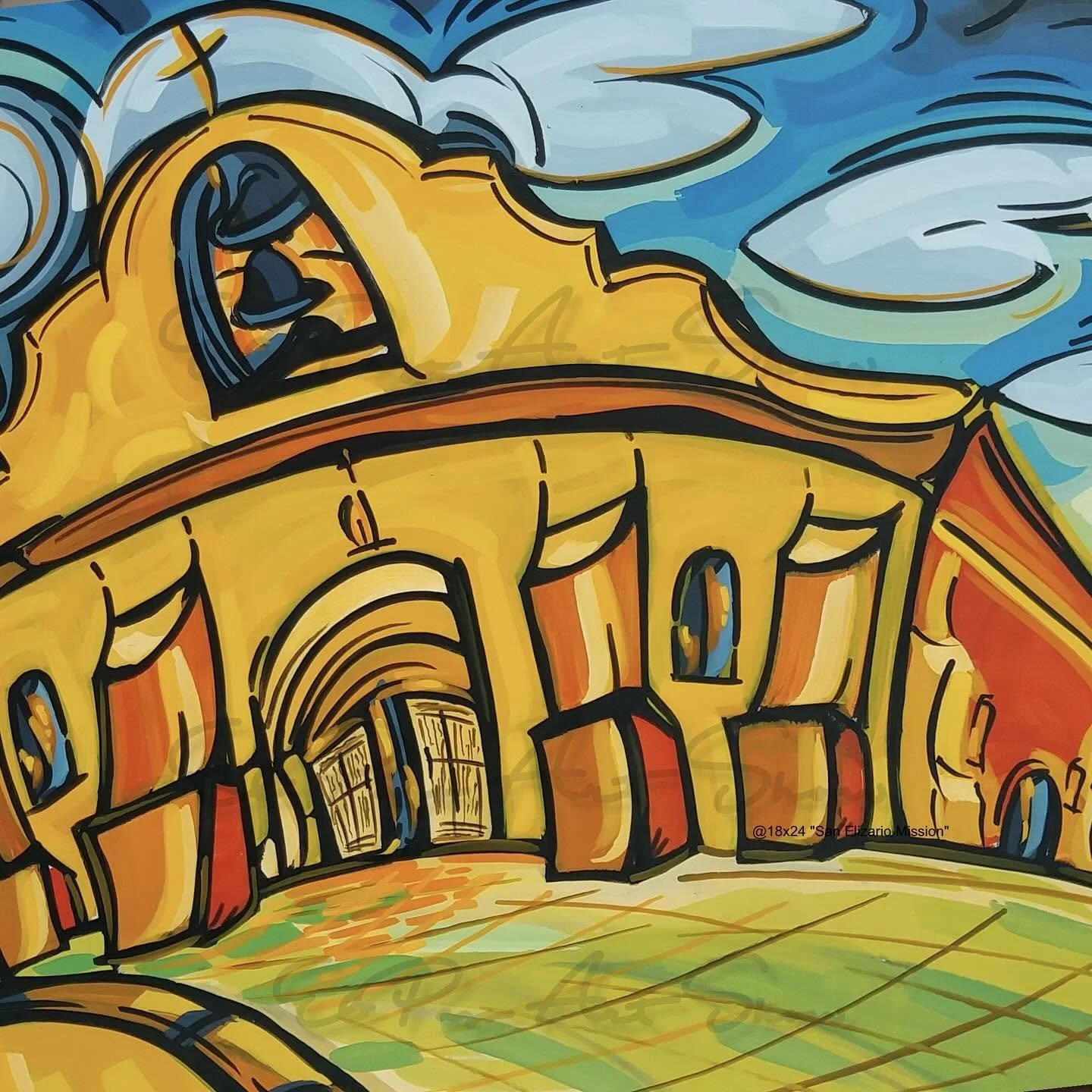 A colorful mural of a historic building with large arched doorways and windows, topped with a sculpture of a bird with wings, painted in shades of yellow, blue, and orange.