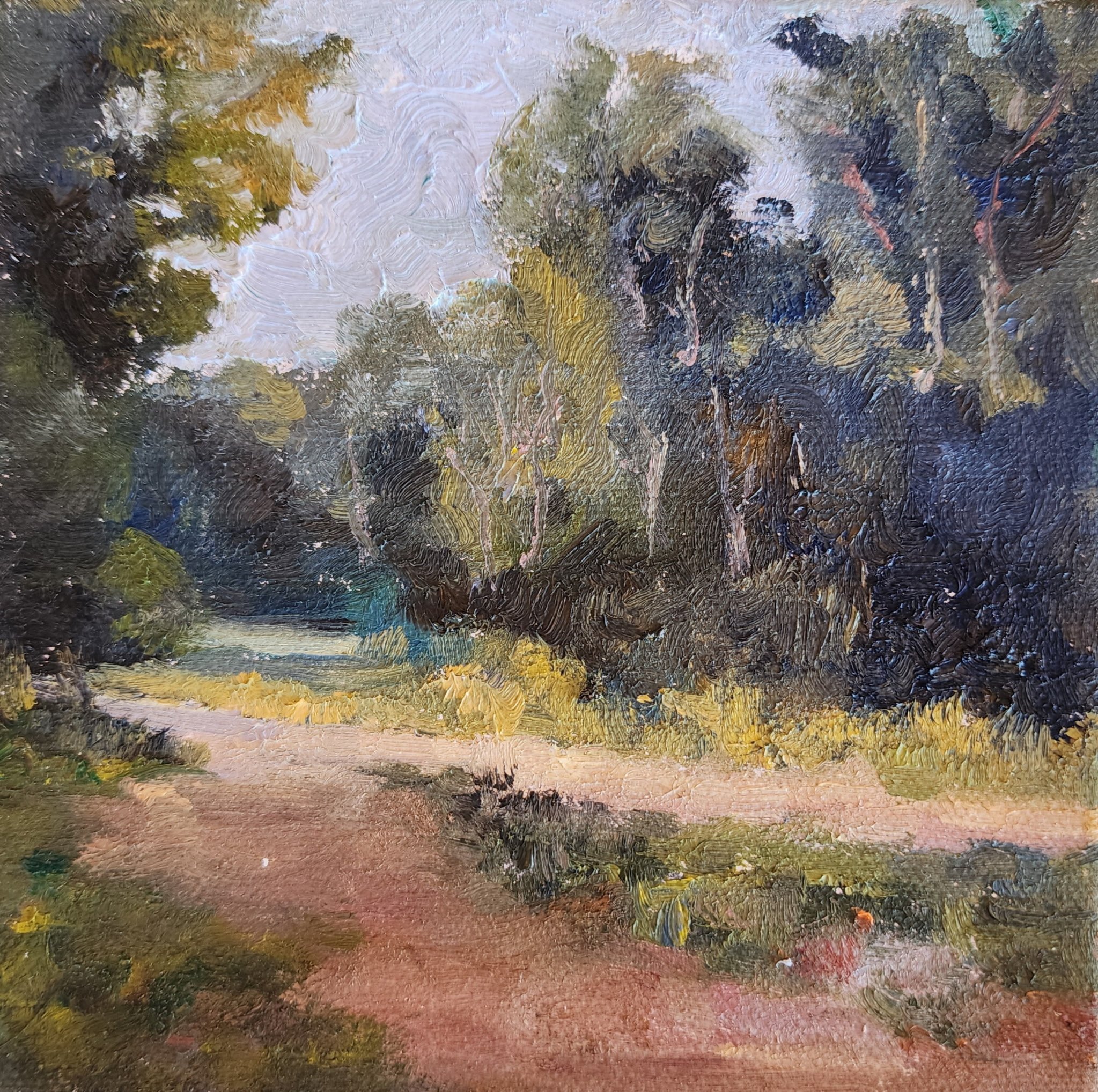 An impressionistic landscape painting depicting a pathway lined with trees under a cloudy sky, with vibrant and textured brushstrokes showcasing various shades of green, blue, yellow, pink, and brown.
