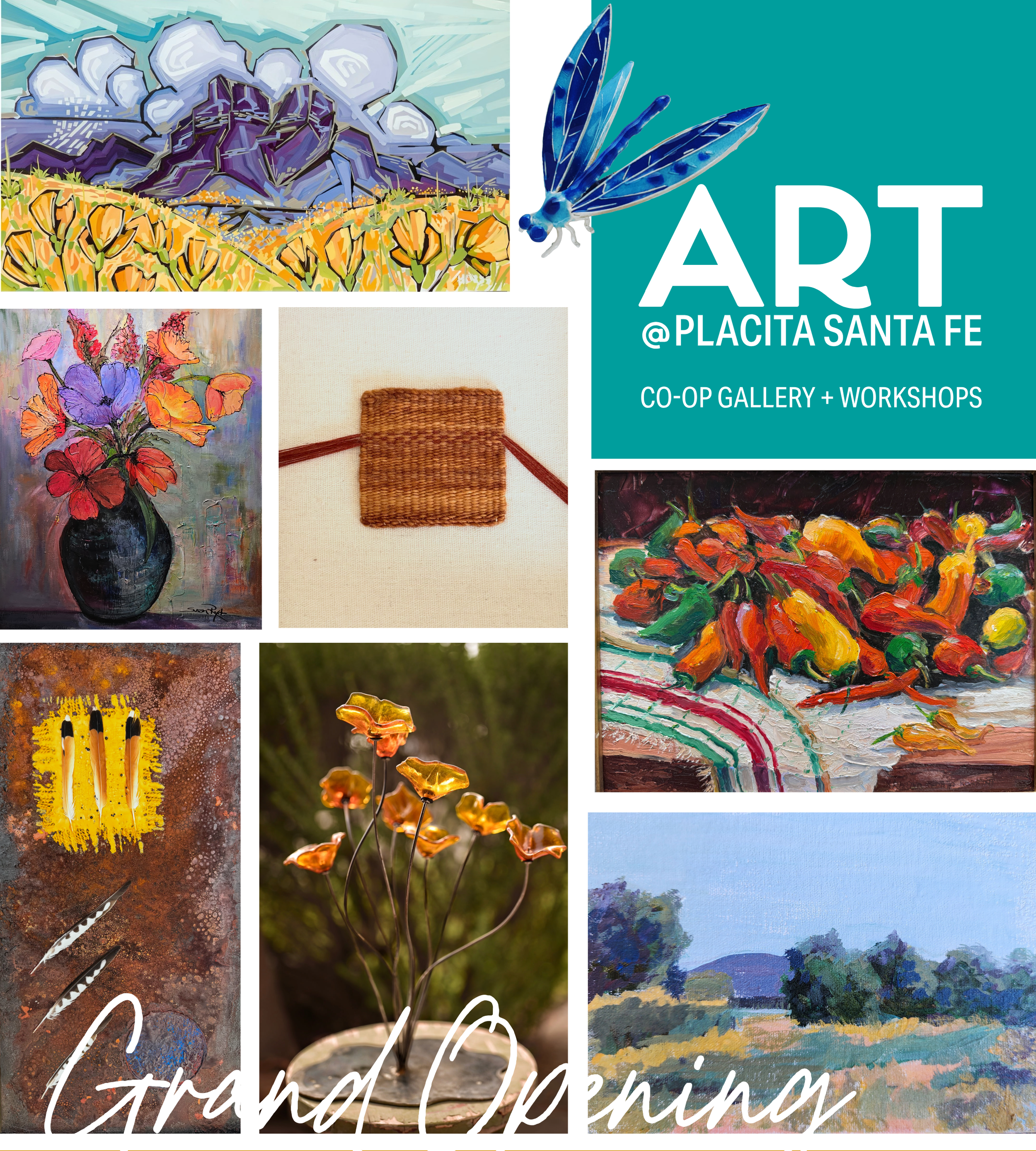 A collage of artwork advertisements for art workshops at Placita Santa Fe, showing various paintings of flowers, mountains, and landscapes, along with the words 'Art @Placita Santa Fe' and 'Co-op Gallery + Workshops'.