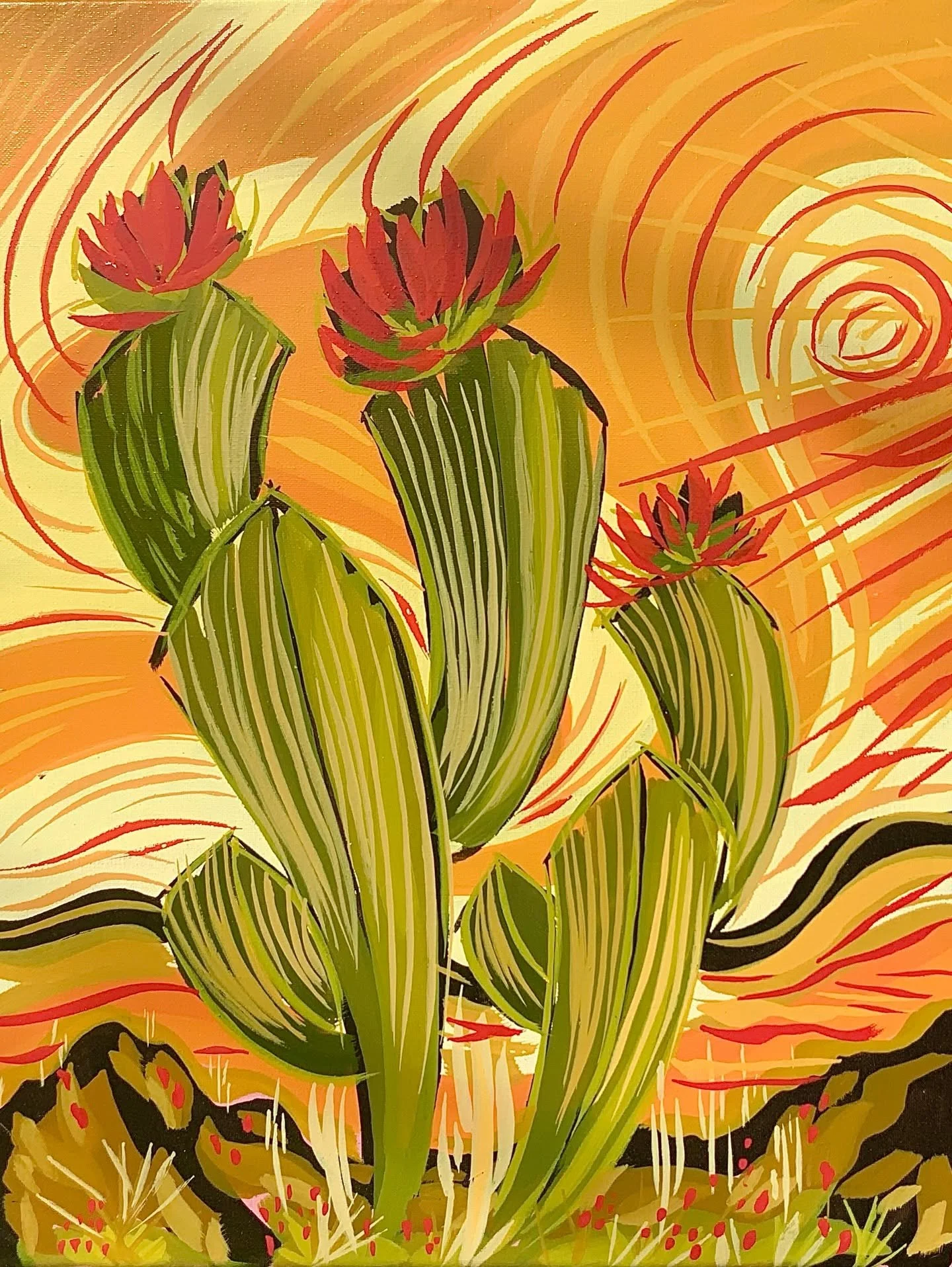 Illustration of a cactus with red flowers set against an orange and yellow swirling background.