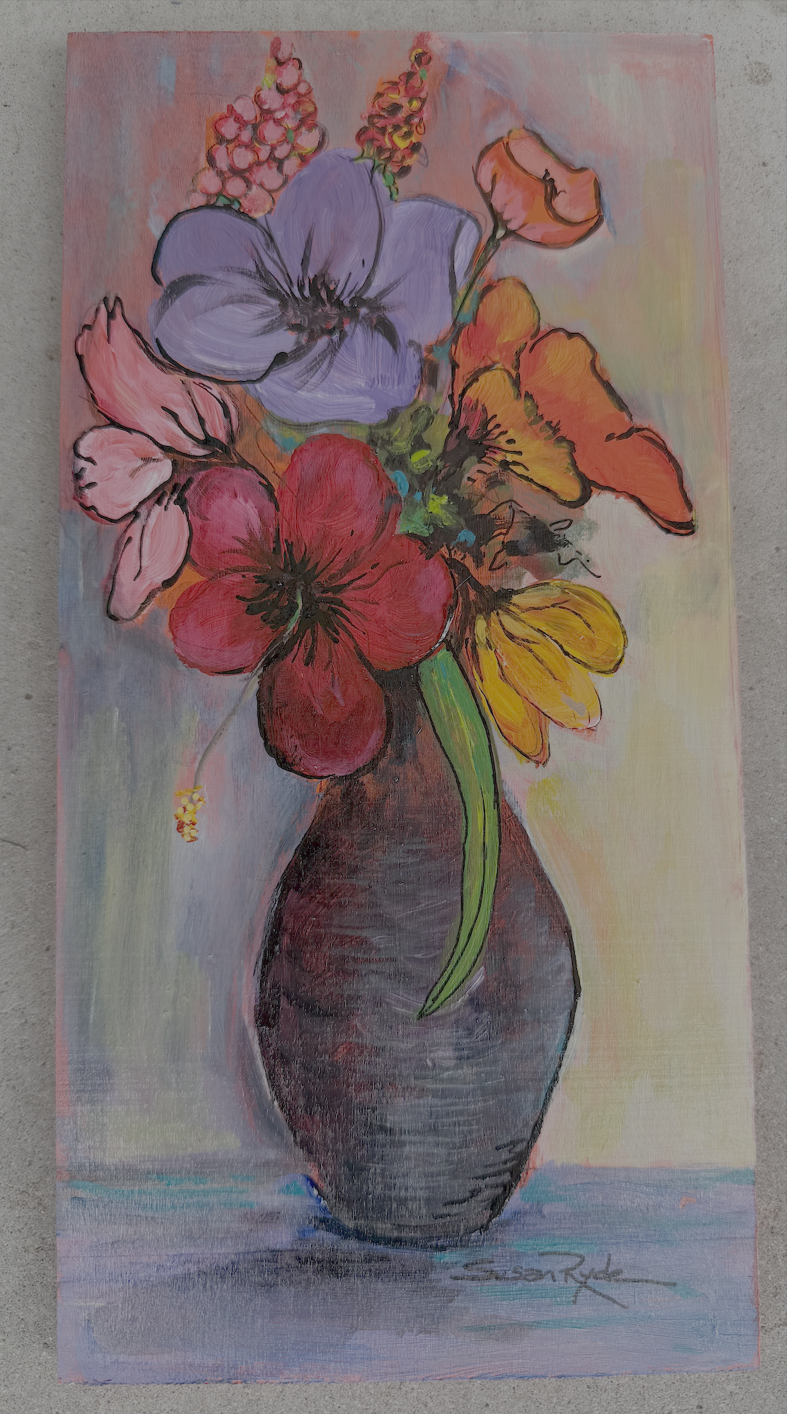 A colorful painting of a vase with various flowers, including purple, red, yellow, and pink blossoms, on a textured background.