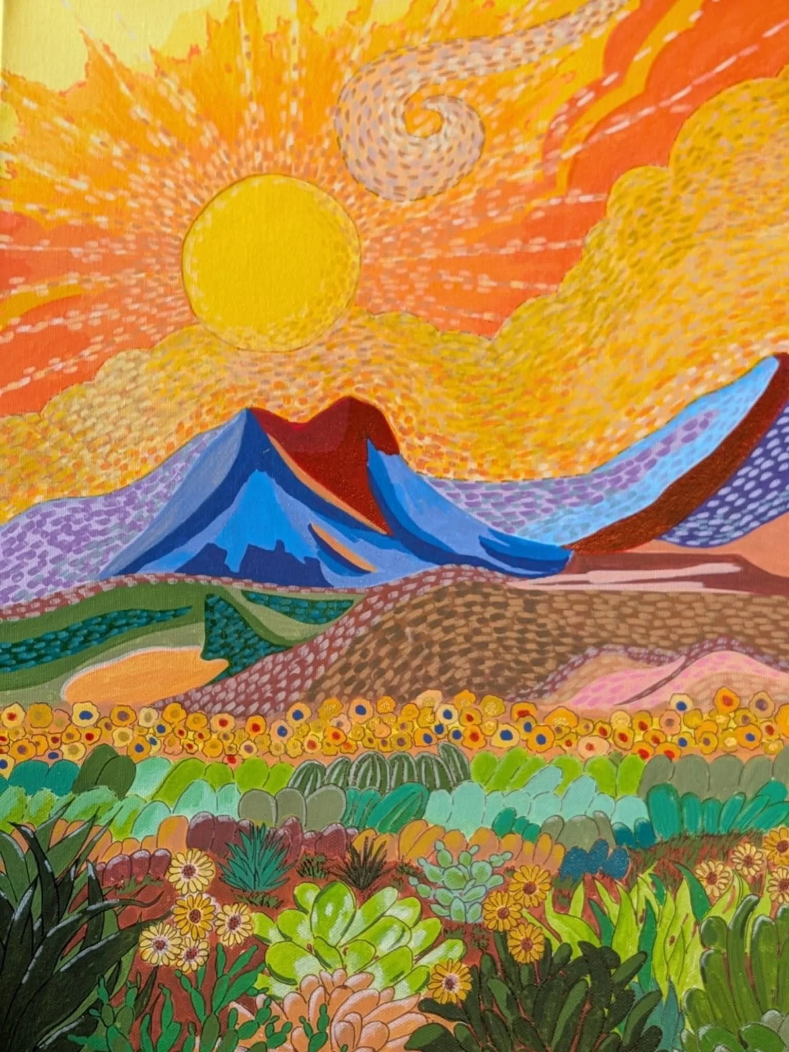 A vibrant, colorful painting of a landscape with mountains, a bright yellow sun, and abundant flowers and greenery in the foreground, in an impressionistic style.