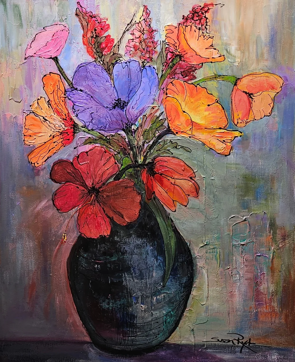 A colorful abstract painting of a flower bouquet in a black vase, featuring orange, red, purple, and pink flowers with expressive brushstrokes and textured background.