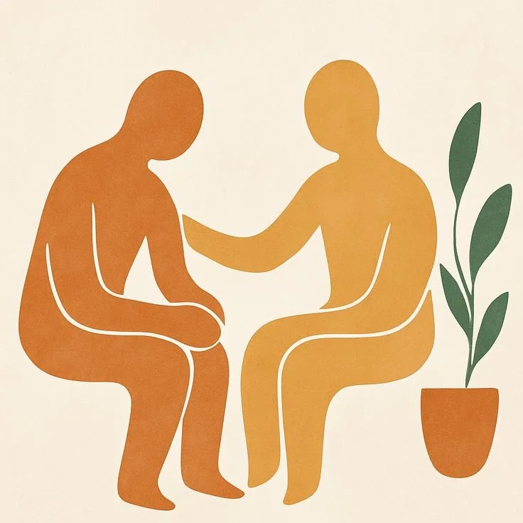 Two stylized human figures sitting and engaging in conversation, with a potted plant beside them.