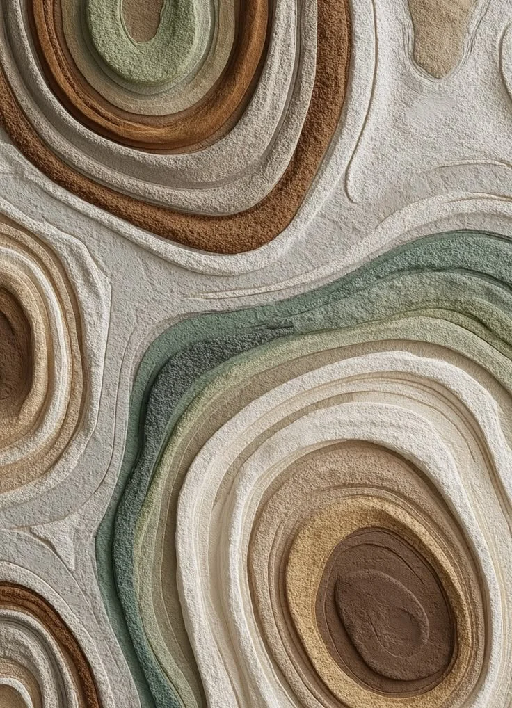 Close-up of a textured, layered wooden or paper sculpture with circular, concentric rings in earth tones and green shades.