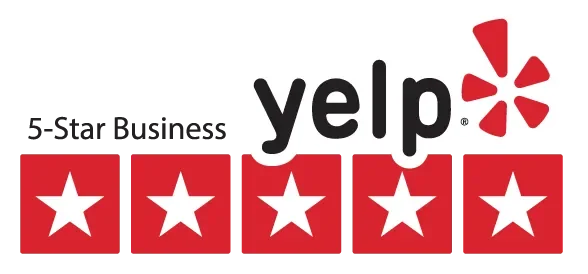 Yelp logo with red star ratings below the text.
