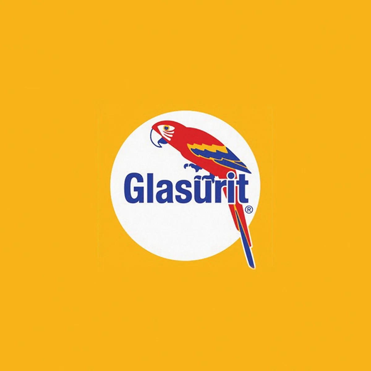 Glasurit logo featuring a colorful parrot with the brand name in bold blue letters on a white circle background, set against a yellow backdrop.