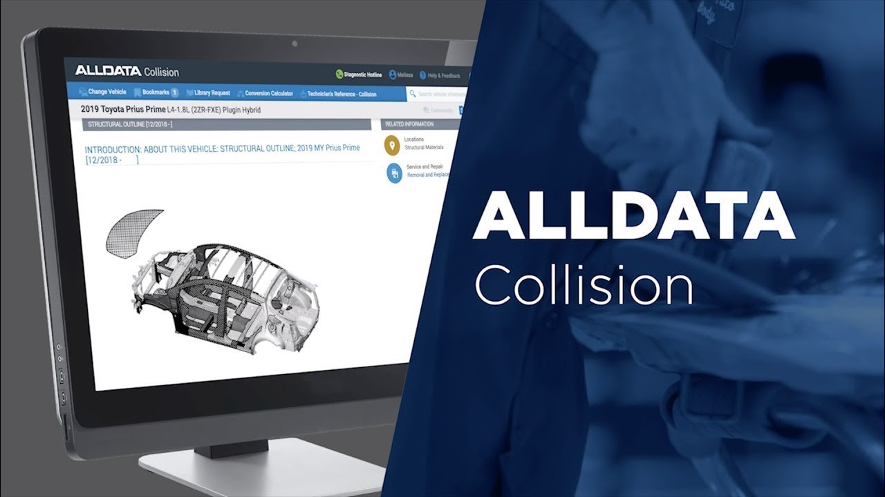 Computer screen displaying a vehicle structural outline with the title "ALLDATA Collision".