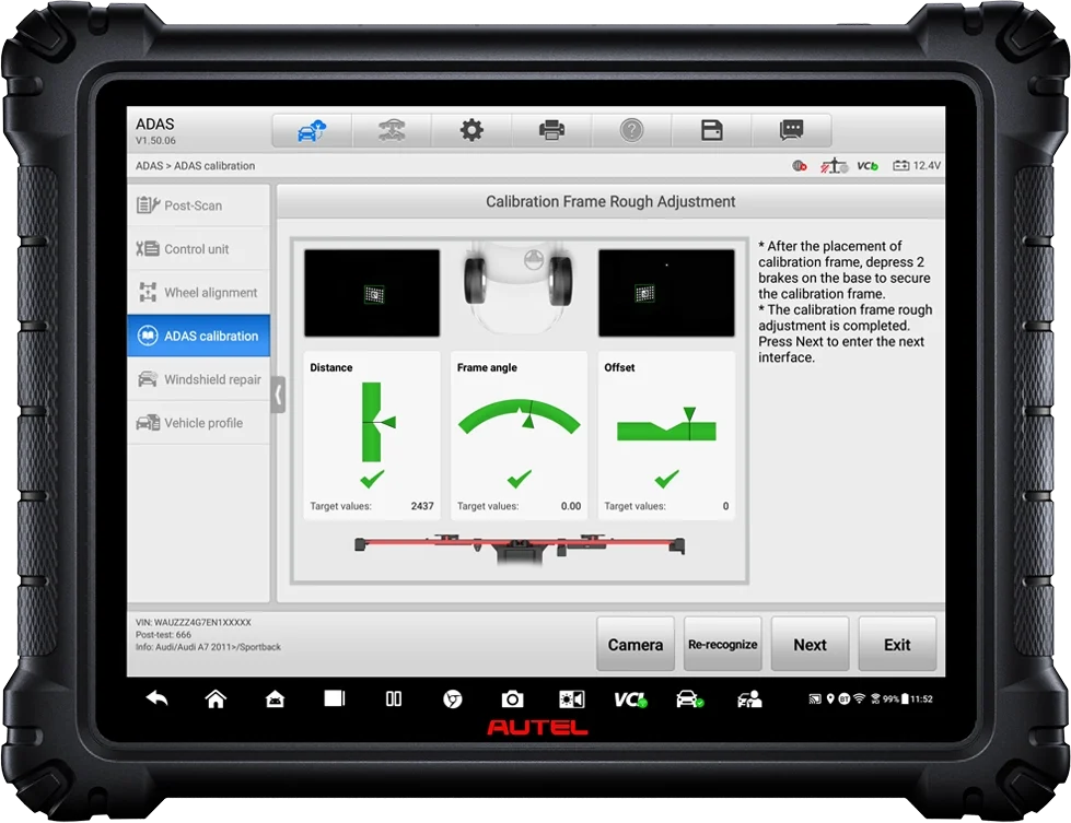 Tablet screen displaying ADAS calibration interface with options for post-scan, control unit, wheel alignment, windshield repair, vehicle profile. Shows calibration frame rough adjustment with indicators for distance, frame angle, and offset, and buttons labeled Camera, Re-recognize, Next, Exit.