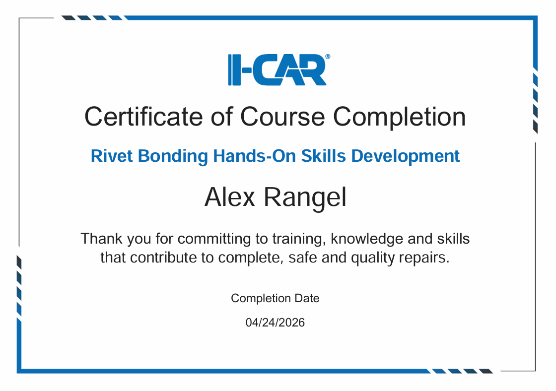 Certificate of course completion from I-CAR for Alex Rangel in Rivet Bonding Hands-On Skills Development, dated 04/24/2026.