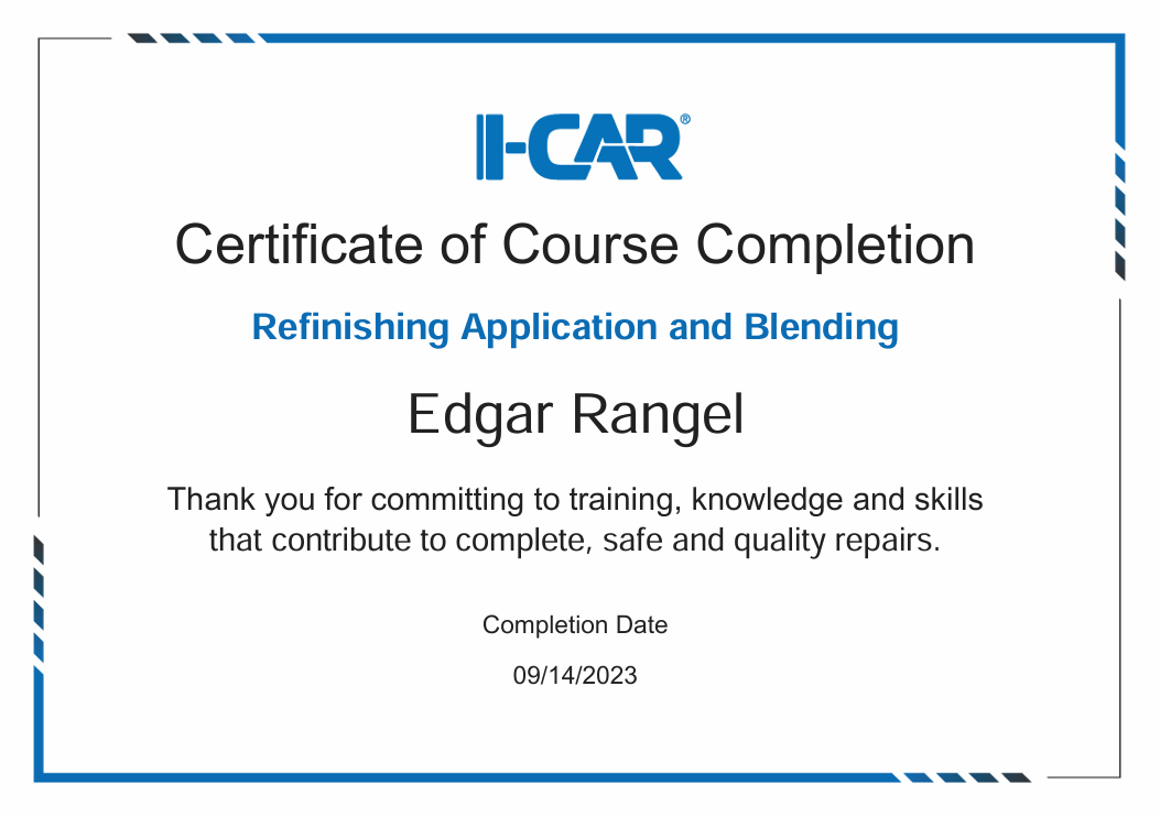 Certificate of course completion for Edgar Rangel in Refishing Application and Blending from I-CAR, dated 09/14/2023.