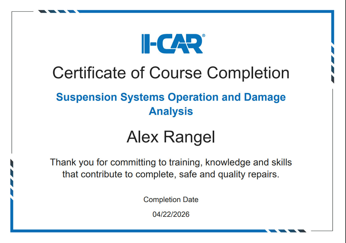 Certificate of course completion from I-CAR for Alex Rangel in Suspension Systems Operation and Damage Analysis, dated 04/22/2026.