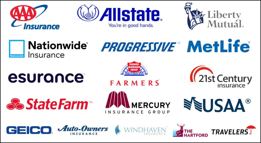 Logos of various insurance companies including AAA, Allstate, Liberty Mutual, Nationwide, Progressive, MetLife, Esurance, Farmers, 21st Century, State Farm, Mercury, USAA, GEICO, Auto-Owners, Windhaven, The Hartford, and Travelers.