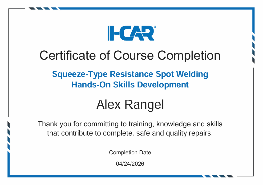 Certificate of course completion for Squeeze-Type Resistance Spot Welding Hands-On Skills Development awarded to Alex Rangel, dated 04/24/2026.