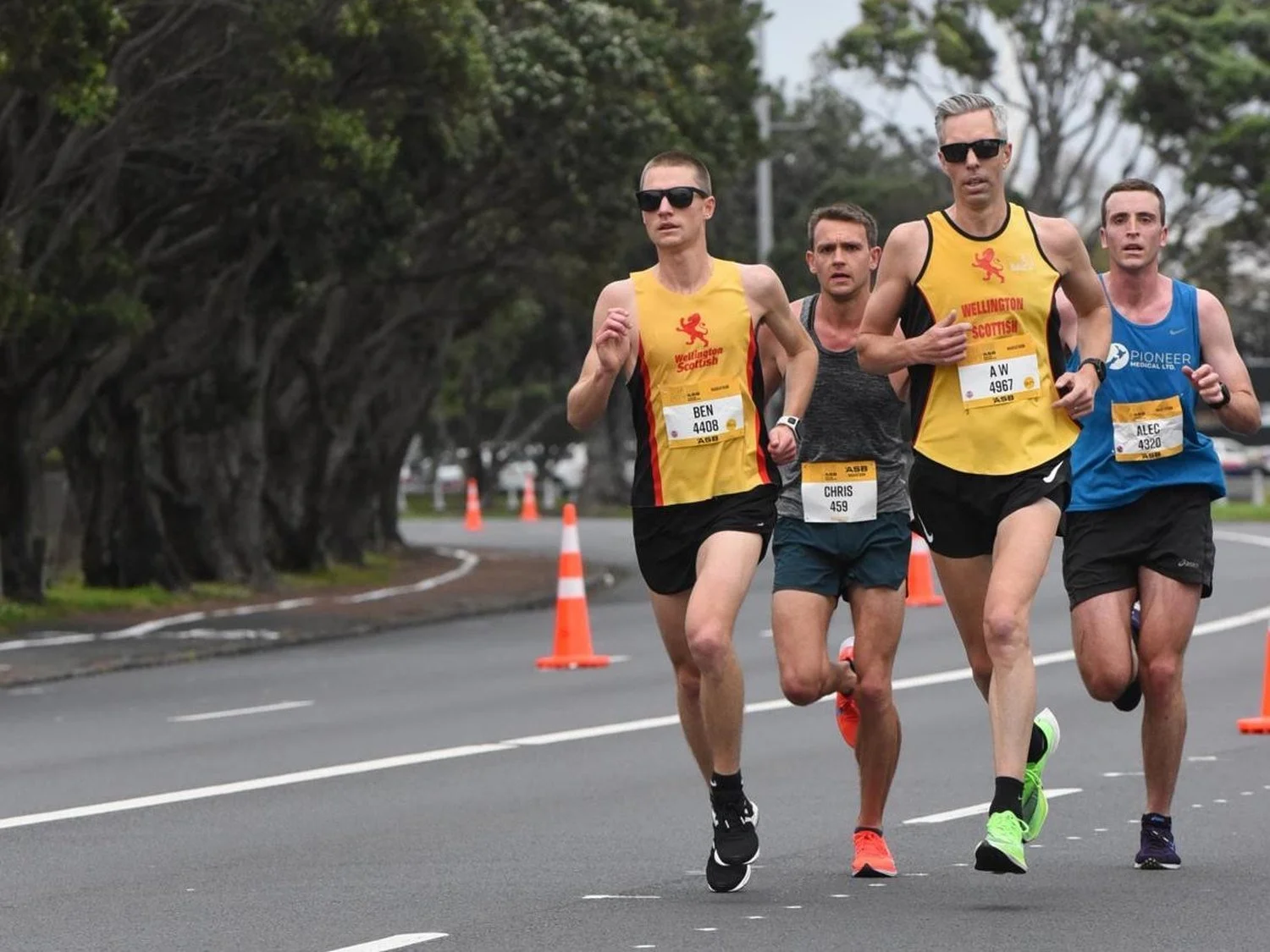 Andrew Wharton running with training partners Ben and Chris at the 2019 Auckland Marathon