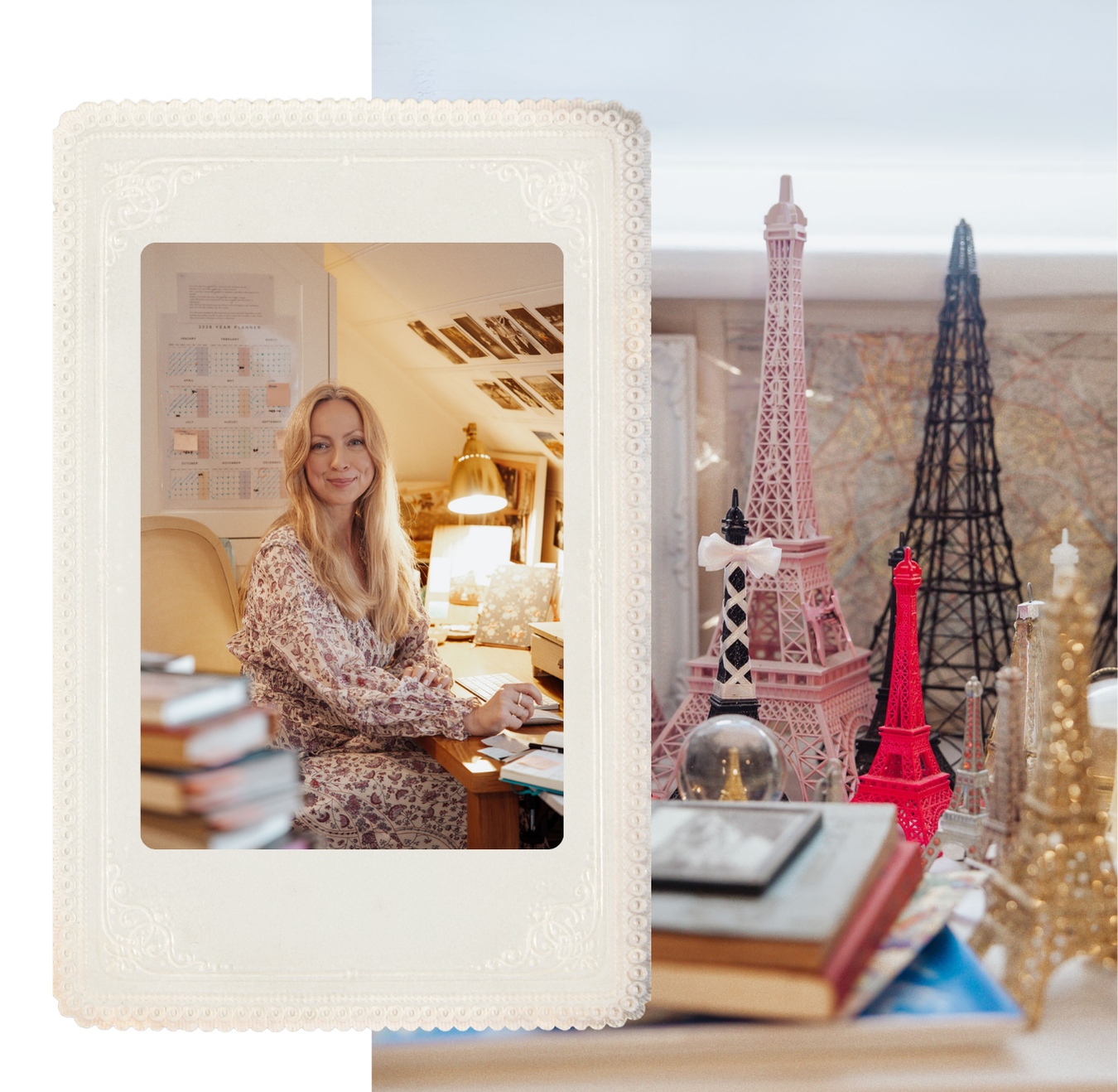 A woman with blonde hair and a patterned dress sitting at a desk in a warmly lit room, seen through a decorative mirror. The room has framed photos and calendars on the wall, and a golden desk lamp. To the right, a display of miniature Eiffel Tower models in pink, black, red, and silver colors, with some decorated with bows, is visible against a background of a map.