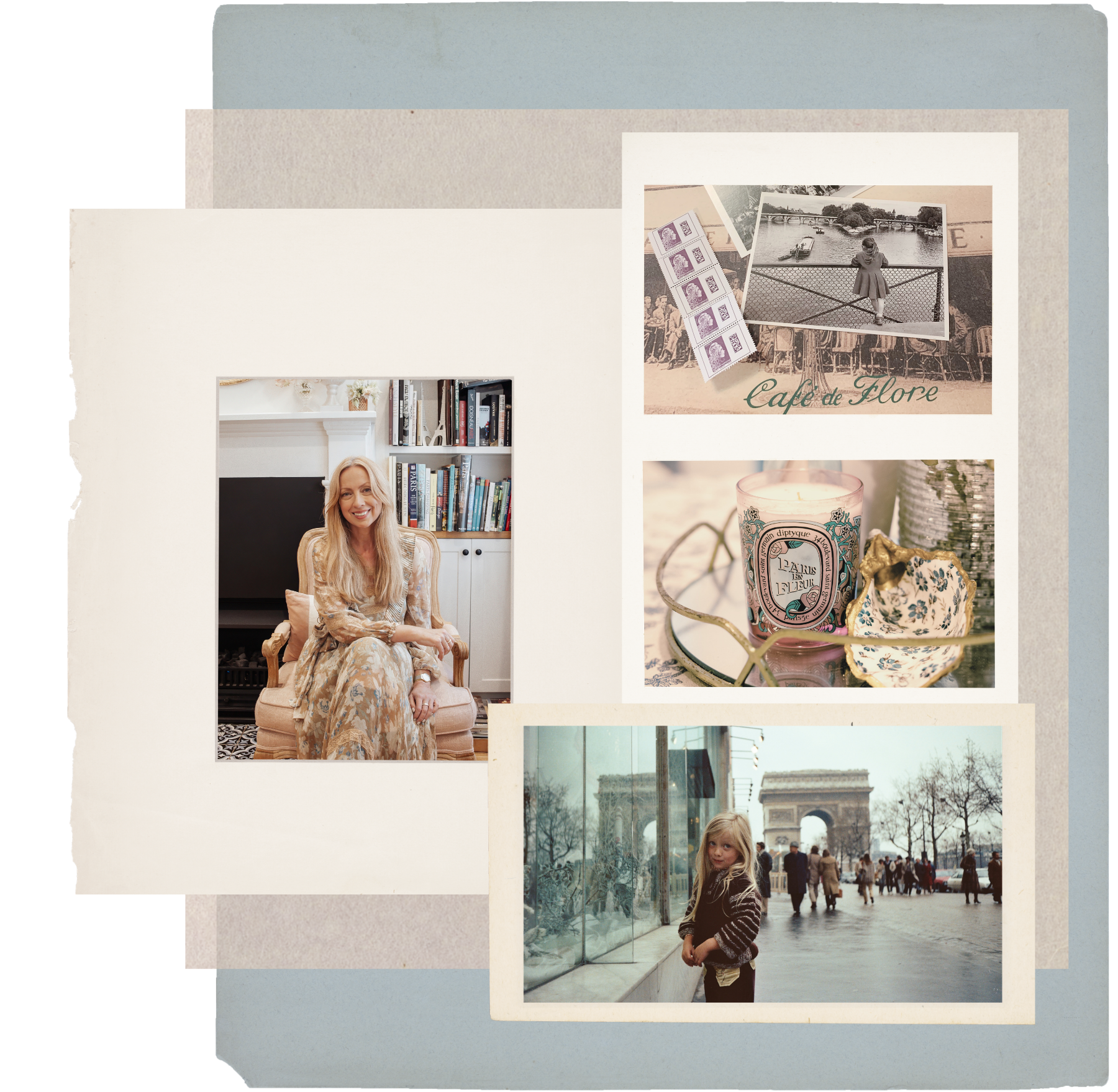 A collage of photographs, including a woman sitting on a couch with a bookshelf behind her, a black and white photo of a girl looking at a river, a picture of various decorative objects and cosmetics, and two images of iconic Paris landmarks, the Eiffel Tower and the Arc de Triomphe.