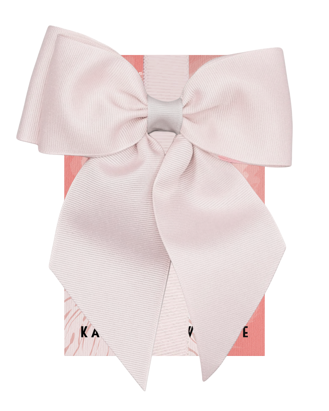 A light pink satin ribbon tied into a bow, displayed against a partially visible pink and white printed background.