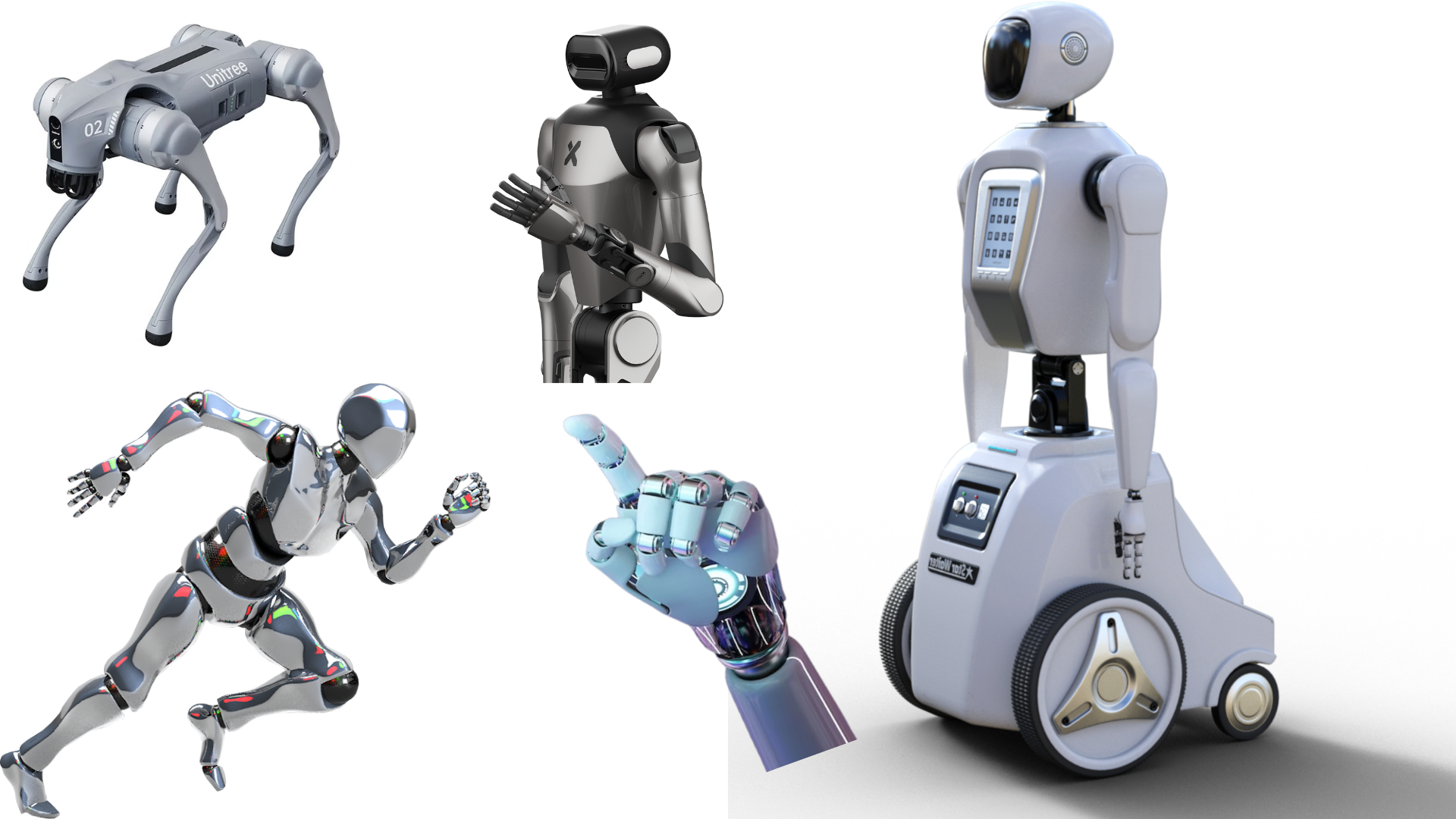 Various robots, including a dog-shaped robot, a humanoid robot with a screen on its chest, a metallic humanoid robot with a pointing finger, a robotic arm, and a service robot with a screen and wheels.