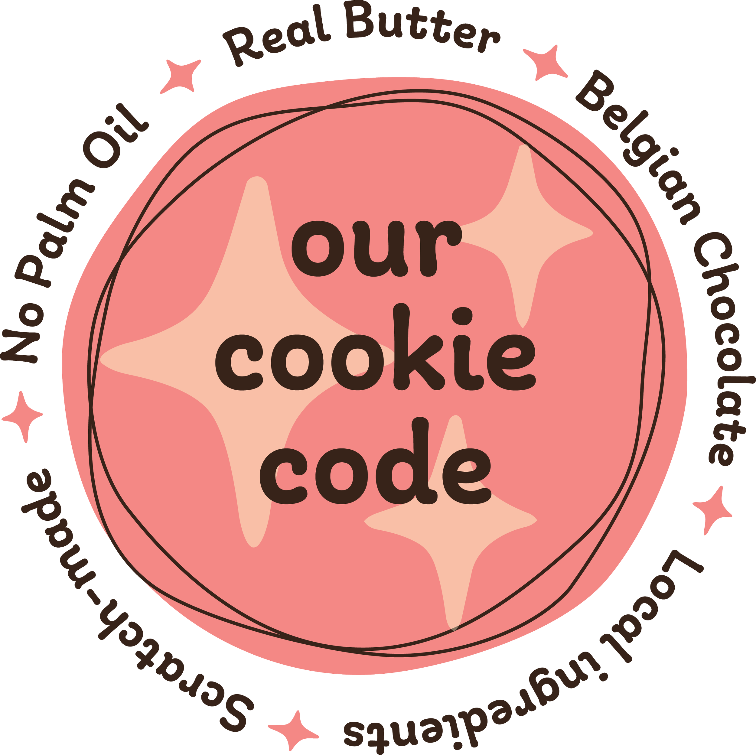 Mookie's Cookie Code Emblem: Real Butter, Belgian Chocolate, Local Ingredients, Scratch-made, No Palm Oil