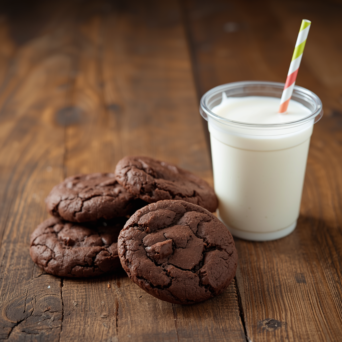 Chocolate cookies and a glass of milk with a striped straw.