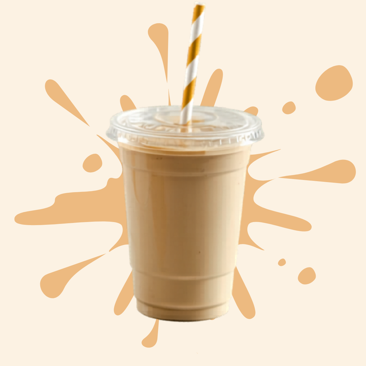 A plastic cup with a lid and a straw, filled with coffee milk, against a beige background with an abstract splash design.