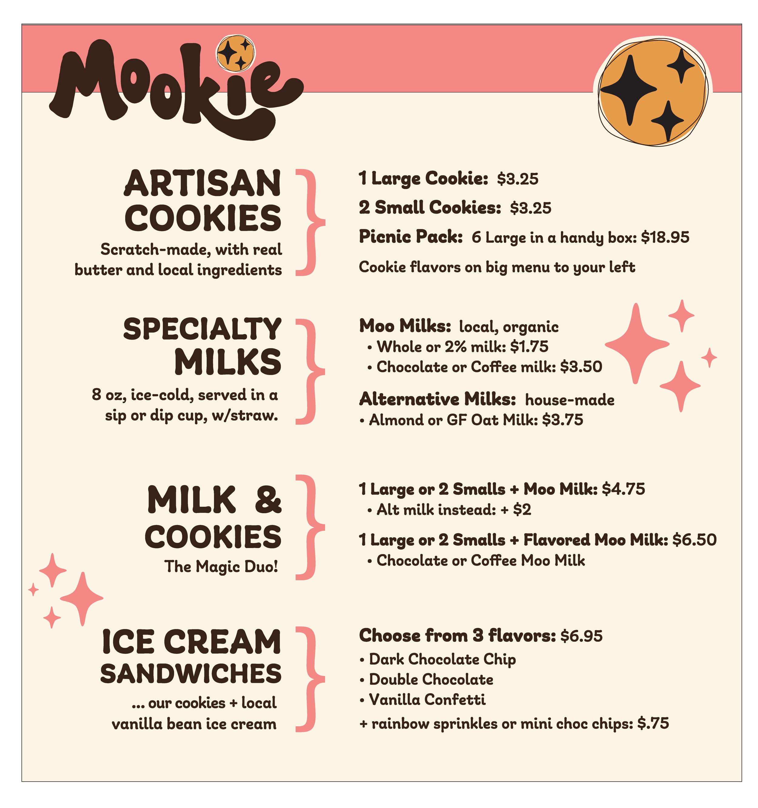 A menu for cookies, ice cream, and sandwiches with prices and descriptions on a beige background, pink star-like accents, and black text.