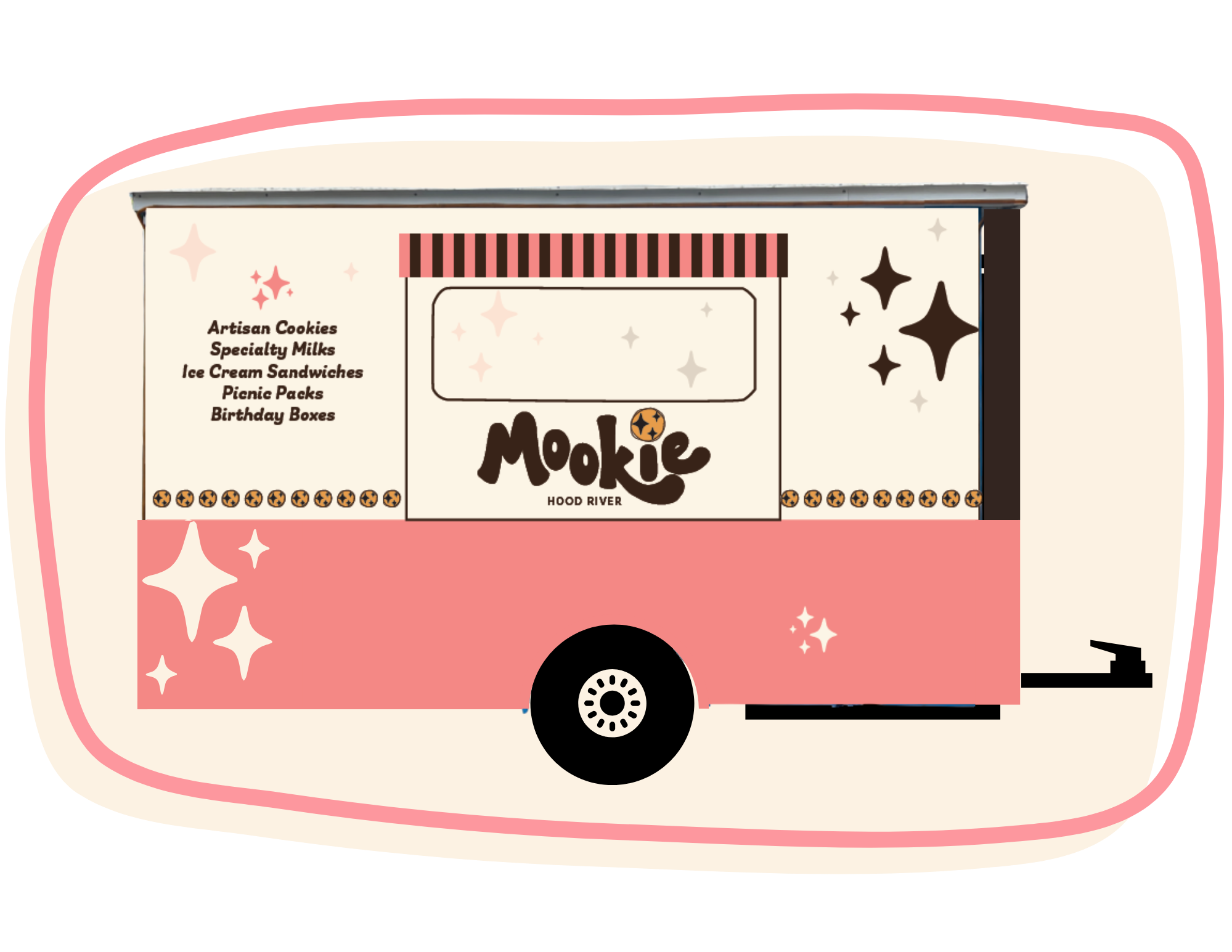 Pink dessert truck with black and brown star decorations and a menu listing artisan cookies, specialty milks, ice cream sandwiches, picnic packs, and birthday boxes.