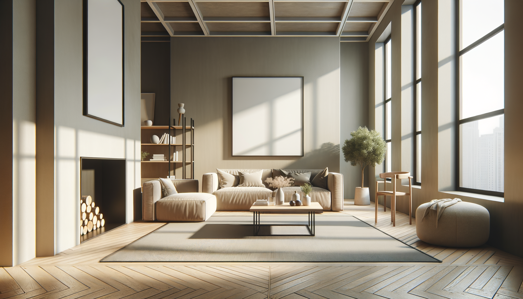 Helle moderne Wohnzimmer mit großen Fenstern, Sofa, Teppich, Holzdecke und minimalistische Dekorationen.