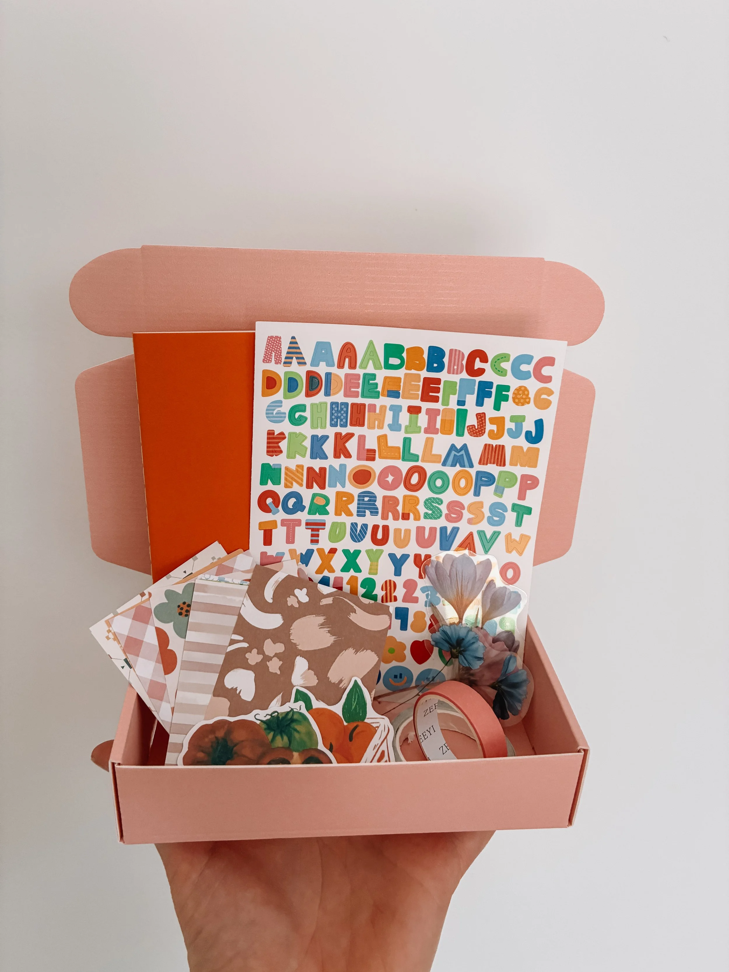 Creative kit including assorted assets like coloured papers, a booklet, stickers etc.