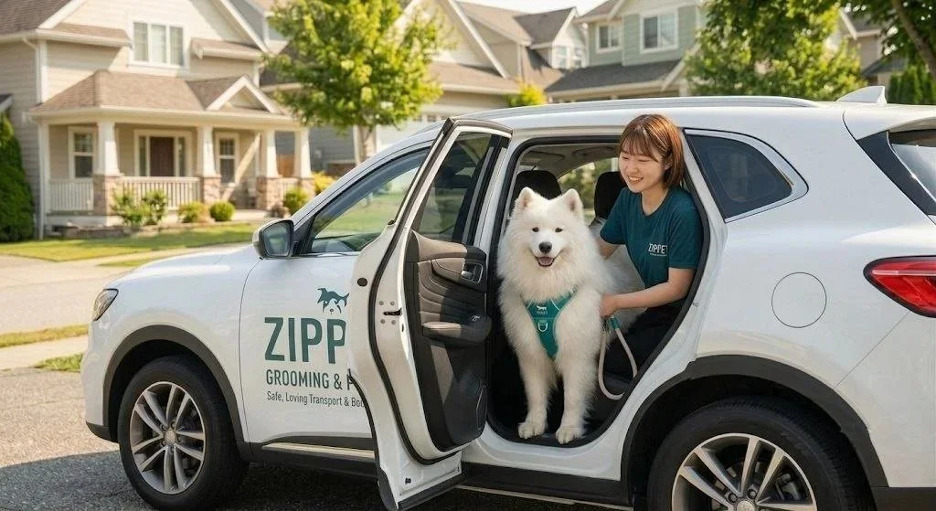 A woman and a large white dog with a green harness are inside a white car labeled ZIPPET GROOMING , parked on a suburban street with houses and trees in the background.