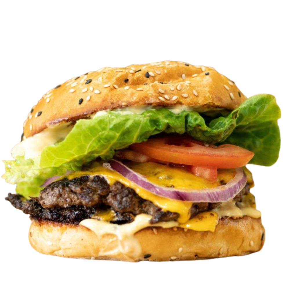 Smashed Beef Patty, Lettuce, Tomato, Onion, Cheese, Carrum Burger Sauce, Egg, Bacon