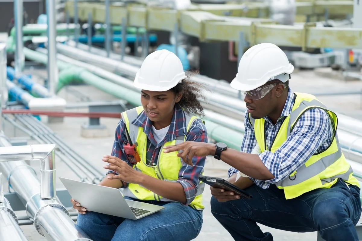 Two construction workers, a woman and a man, wearing safety helmets and reflective vests, working on an industrial site with pipes and machinery. They are discussing something on a clipboard and a laptop.