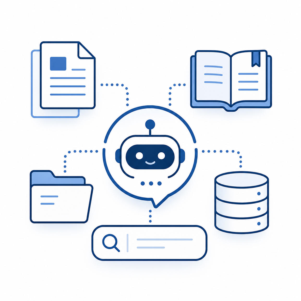 A graphic illustration of a chatbot connected to different data sources: documents, an open book, a folder, a database, and a search bar.