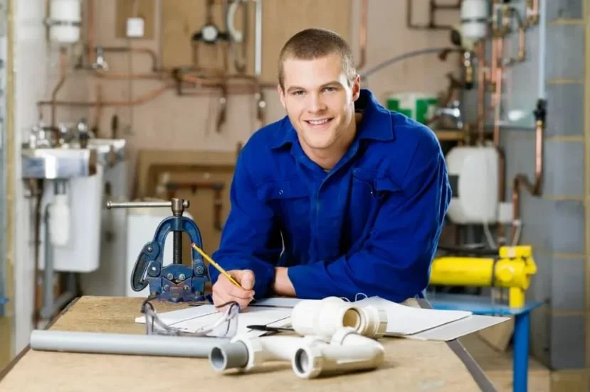 A young man in a blue work shirt sitting at a workbench in a plumbing workshop, surrounded by pipes, tools, and plumbing fixtures, smiling at the camera.