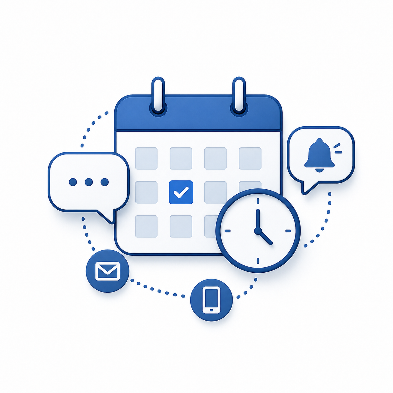 A digital graphic of a calendar with a checkmark on one date, surrounded by icons of a clock, envelope, mobile phone, speech bubble, and notification bell, representing scheduling and notifications.