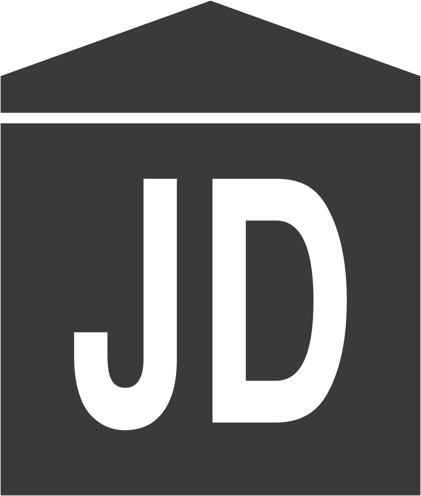 Large stylized letter 'D' in black with geometric cutouts on a transparent background.